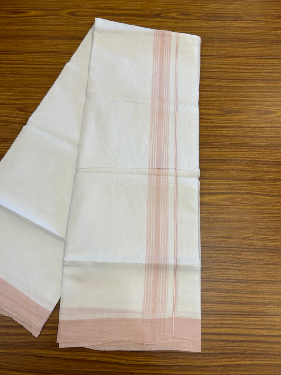 20% Discount ! Kaitharikada Balaramapuram 100% Cotton PURE WHITE Double Mundu/Dothi - 100x80 - 1.5 inch Light Pink Shaded Striped Kara 3.90 mtr (8 muzham) - 42 KK5294 THI