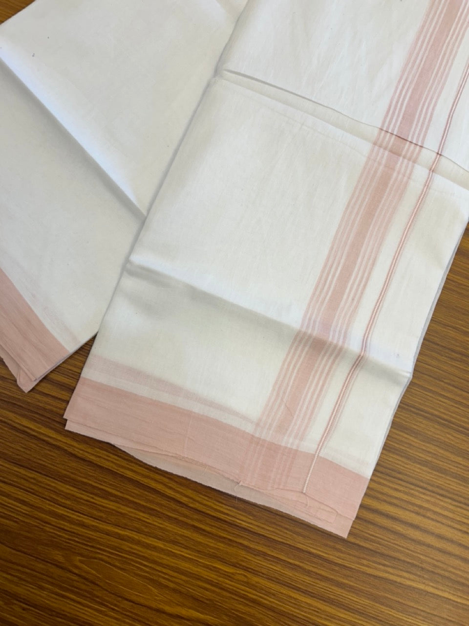 20% Discount ! Kaitharikada Balaramapuram 100% Cotton PURE WHITE Double Mundu/Dothi - 100x80 - 1.5 inch Light Pink Shaded Striped Kara 3.90 mtr (8 muzham) - 42 KK5294 THI
