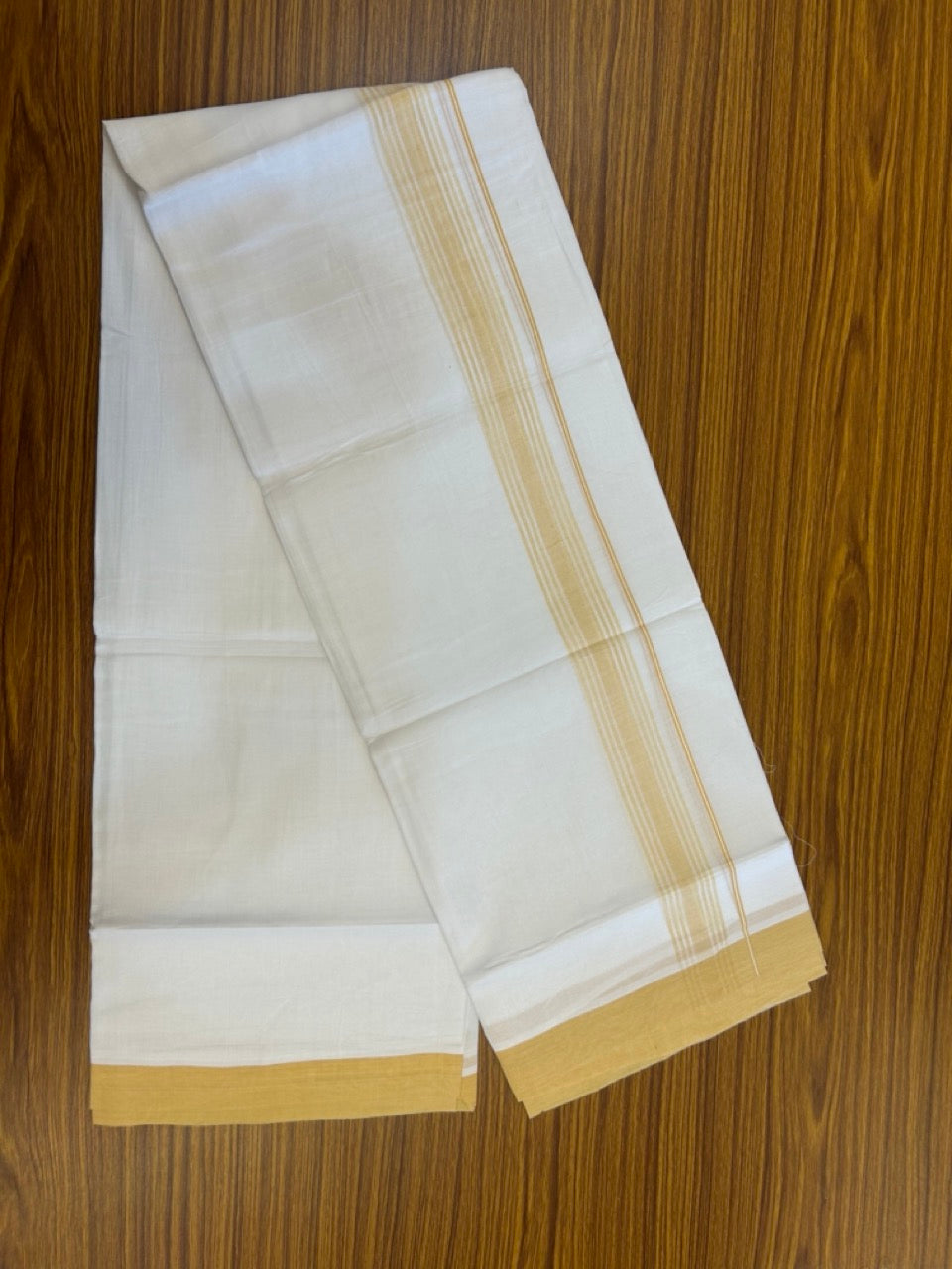 20% Discount ! Kaitharikada Balaramapuram 100% Cotton PURE WHITE Double Mundu/Dothi - 100x80 - 1.5 inch Mustard Yellow Shaded Striped Kara 3.90 mtr (8 muzham) - 43 KK5294 THI