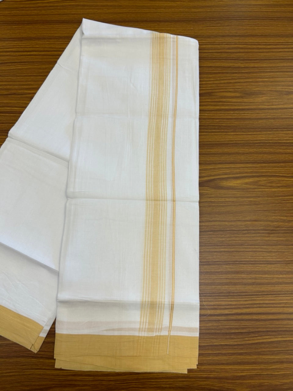 20% Discount ! Kaitharikada Balaramapuram 100% Cotton PURE WHITE Double Mundu/Dothi - 100x80 - 1.5 inch Mustard Yellow Shaded Striped Kara 3.90 mtr (8 muzham) - 43 KK5294 THI