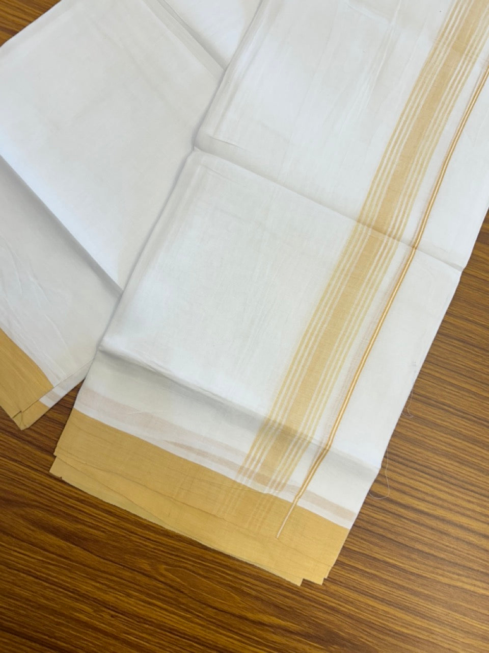 20% Discount ! Kaitharikada Balaramapuram 100% Cotton PURE WHITE Double Mundu/Dothi - 100x80 - 1.5 inch Mustard Yellow Shaded Striped Kara 3.90 mtr (8 muzham) - 43 KK5294 THI
