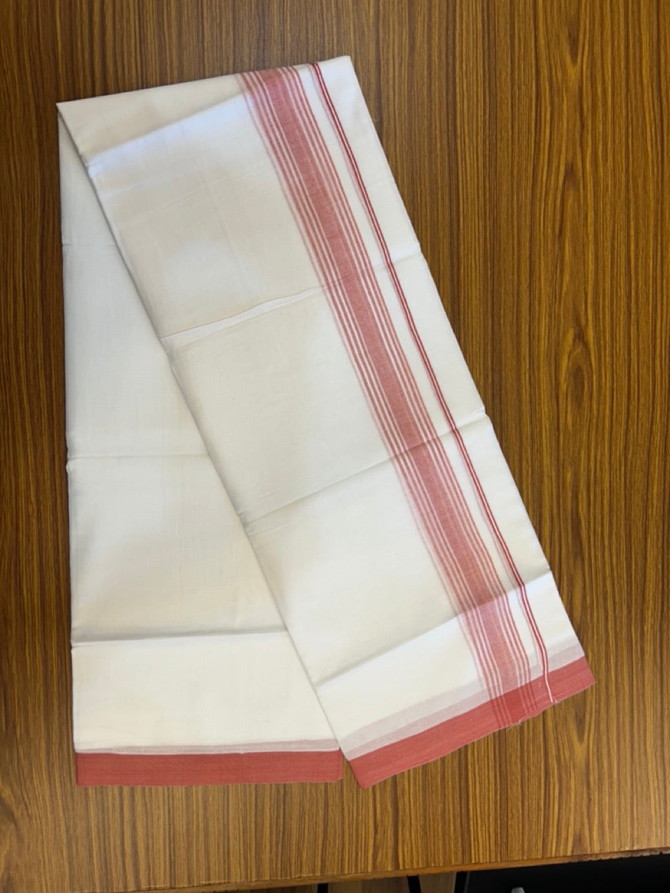 20% Discount ! Kaitharikada Balaramapuram 100% Cotton PURE WHITE Double Mundu/Dothi - 100x80 - 1.5 inch Peach Shaded Striped Kara 3.90 mtr (8 muzham) - 45 KK5294 THI
