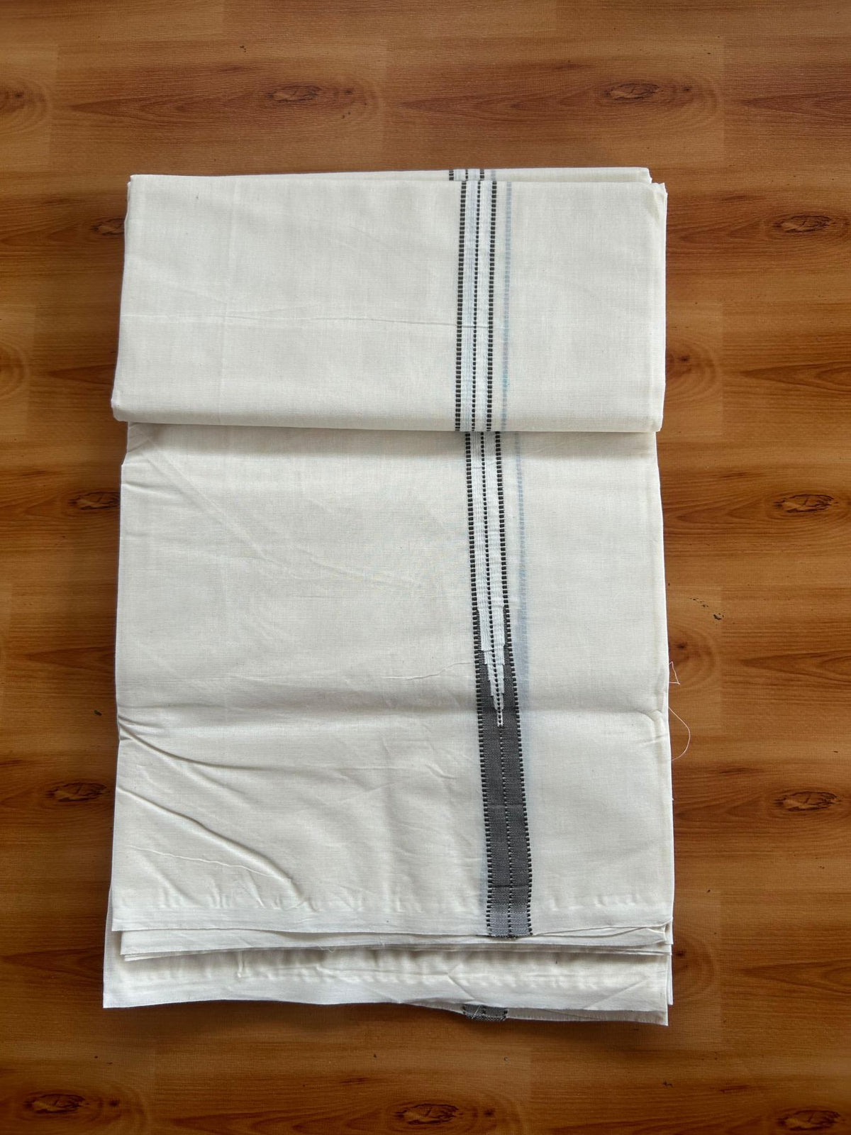 Double Off White (Unbleached) Mundu/Dhoti - 20% Discount!! KaithariKada Pulimood 100% Cotton 100X100 - 0.75 inch Puliyilakkara Olive Brown Chutty Kara - 4 mtr (8.5 muzham) - 7 KK5547 ASH