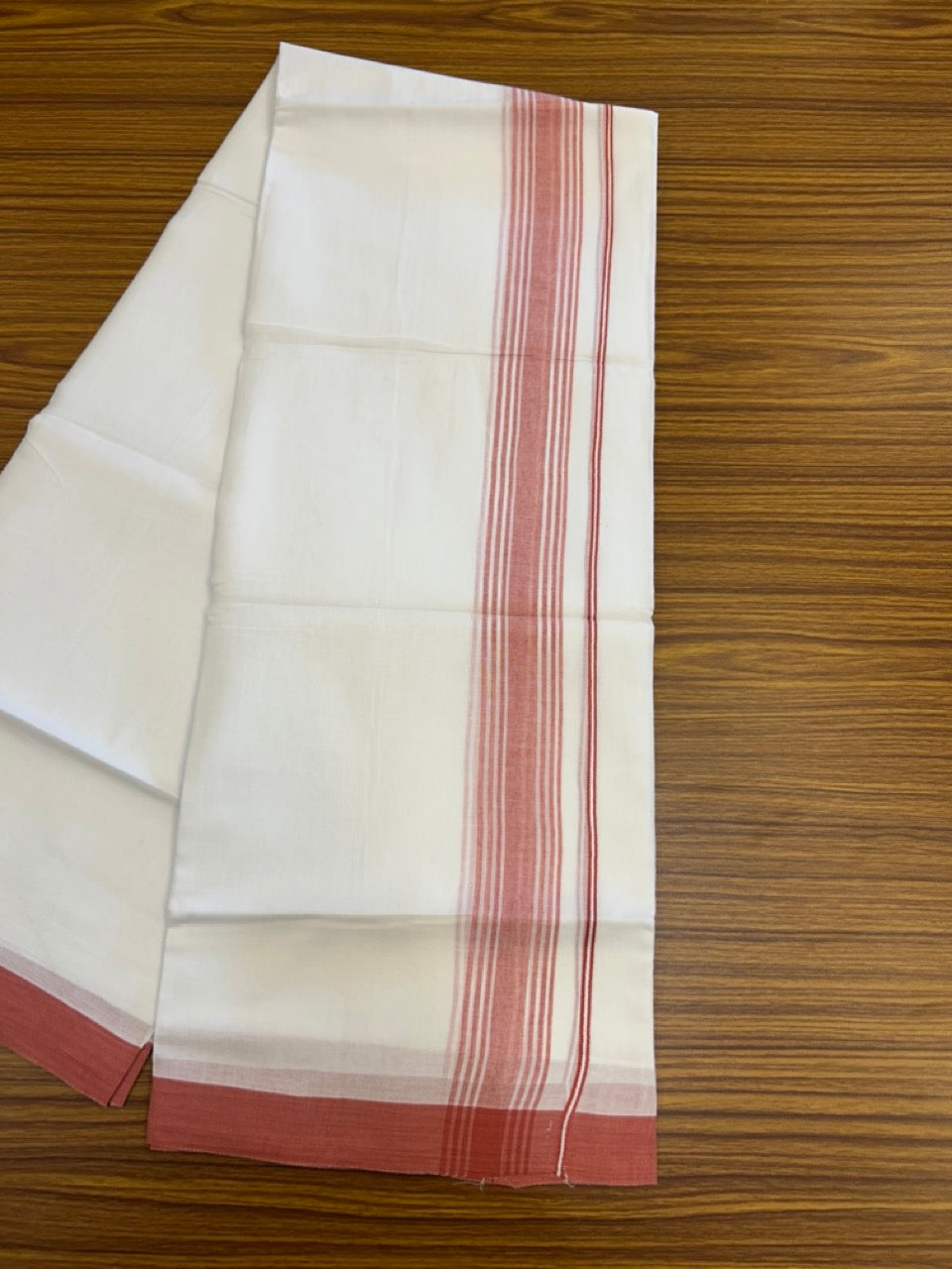 20% Discount ! Kaitharikada Balaramapuram 100% Cotton PURE WHITE Double Mundu/Dothi - 100x80 - 1.5 inch Peach Shaded Striped Kara 3.90 mtr (8 muzham) - 45 KK5294 THI