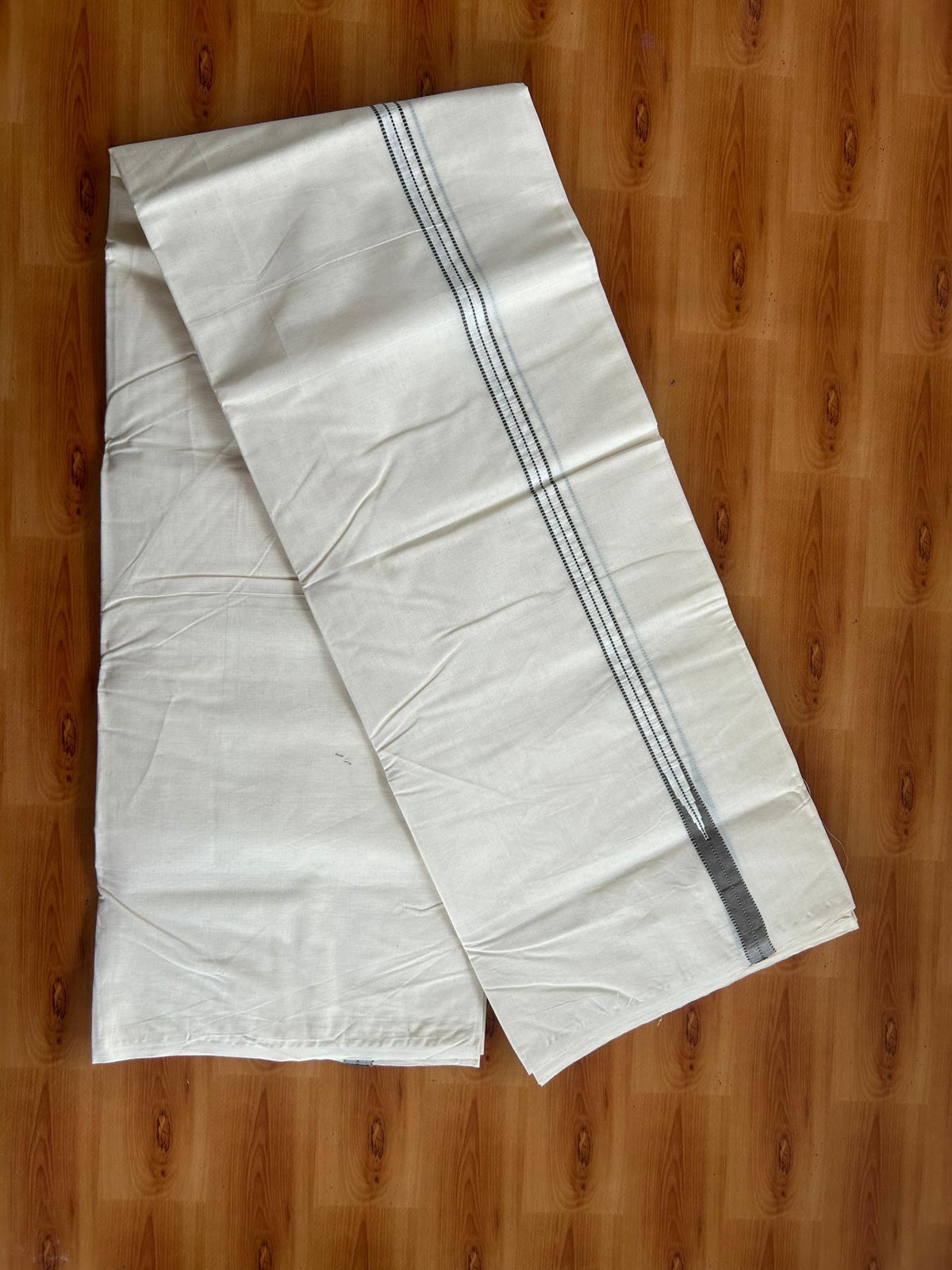 Double Off White (Unbleached) Mundu/Dhoti - 20% Discount!! KaithariKada Pulimood 100% Cotton 100X100 - 0.75 inch Puliyilakkara Olive Brown Chutty Kara - 4 mtr (8.5 muzham) - 7 KK5547 ASH