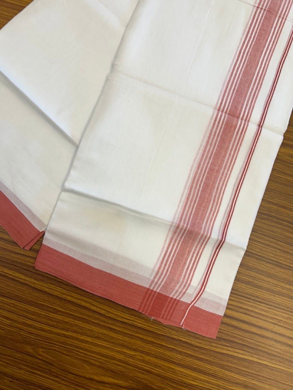 20% Discount ! Kaitharikada Balaramapuram 100% Cotton PURE WHITE Double Mundu/Dothi - 100x80 - 1.5 inch Peach Shaded Striped Kara 3.90 mtr (8 muzham) - 45 KK5294 THI