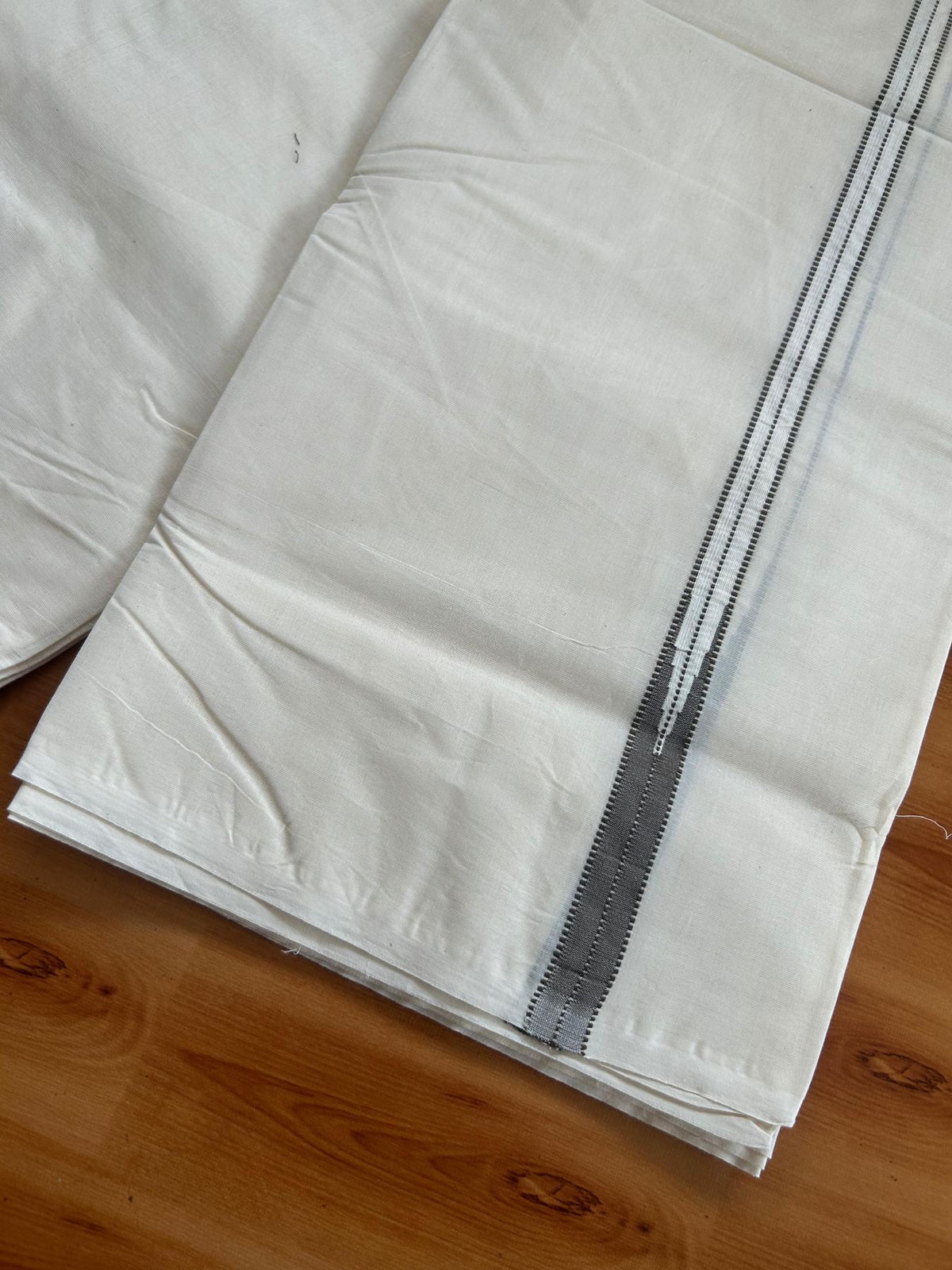 Double Off White (Unbleached) Mundu/Dhoti - 20% Discount!! KaithariKada Pulimood 100% Cotton 100X100 - 0.75 inch Puliyilakkara Olive Brown Chutty Kara - 4 mtr (8.5 muzham) - 7 KK5547 ASH