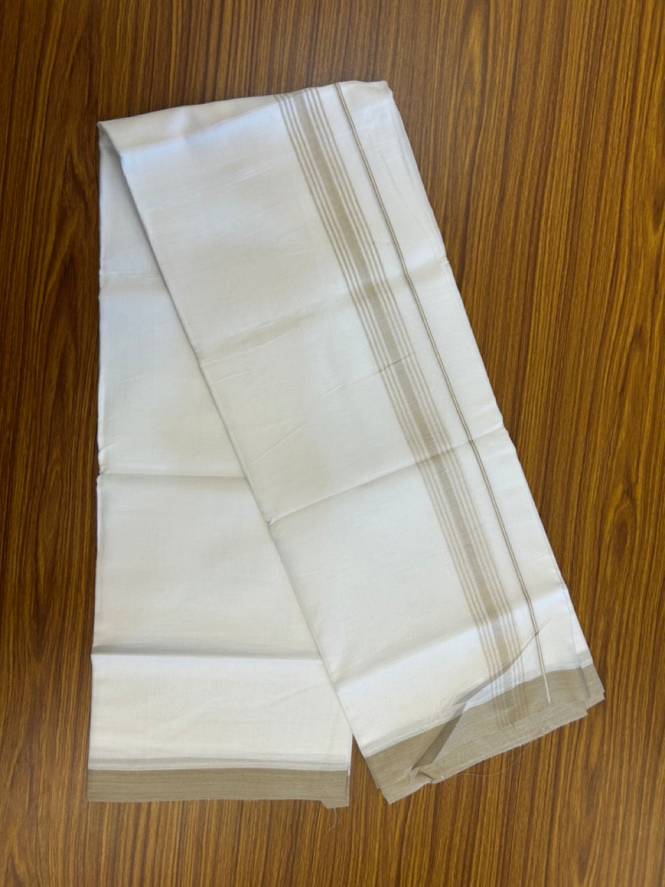 20% Discount ! Kaitharikada Balaramapuram 100% Cotton PURE WHITE Double Mundu/Dothi - 100x80 - 1.5 inch Beige Shaded Striped Kara 3.90 mtr (8 muzham) - 46 KK5294 THI