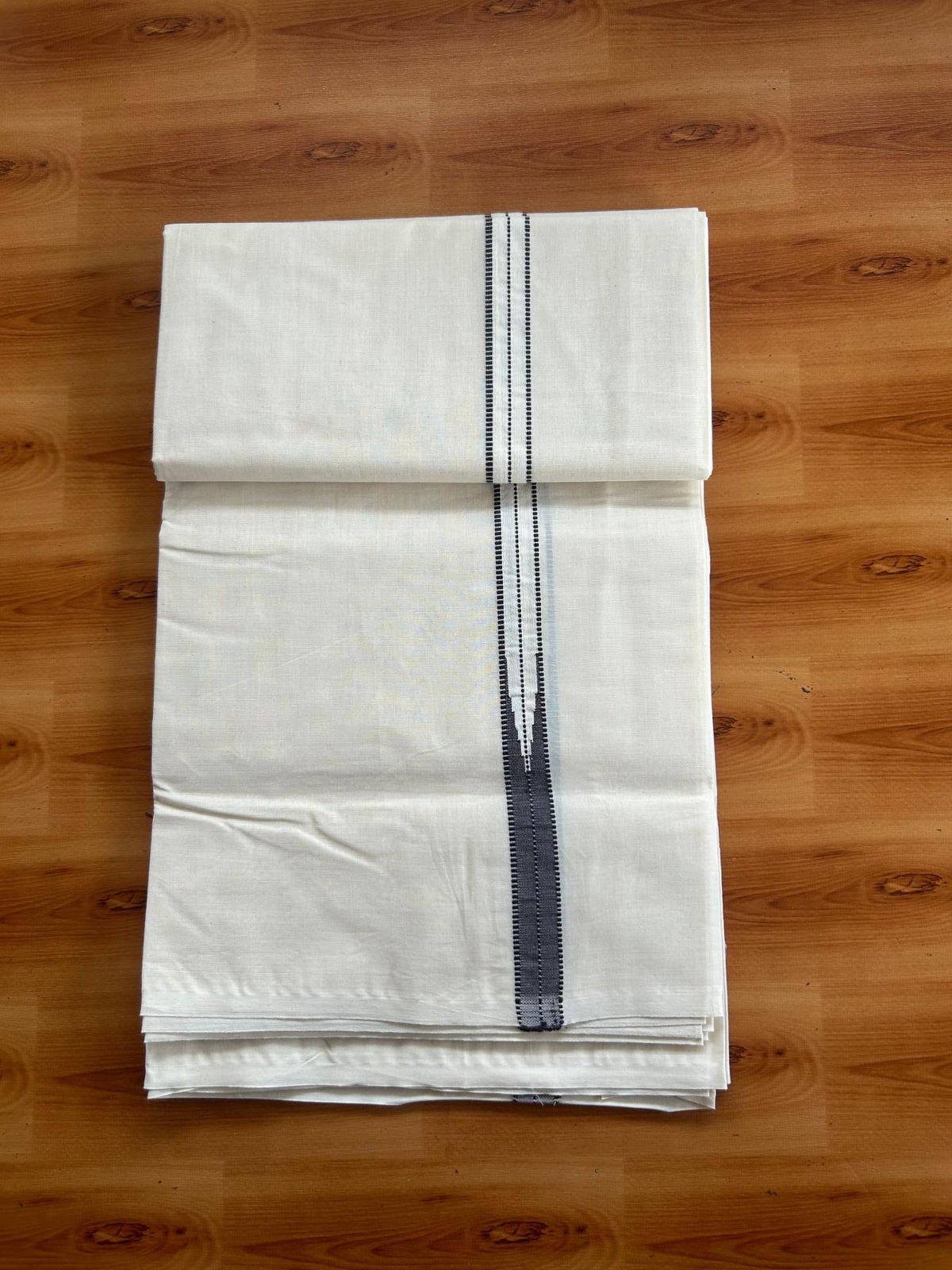Double Off White (Unbleached) Mundu/Dhoti - 20% Discount!! KaithariKada Pulimood 100% Cotton 100X100 - 0.75 inch Puliyilakkara Dark Brown Chutty Kara - 4 mtr (8.5 muzham) - 13 KK5547 ASH