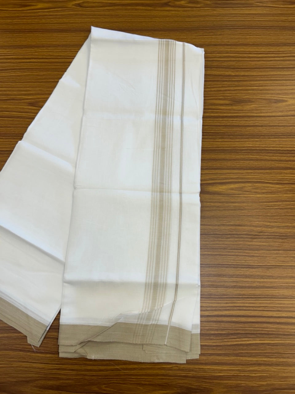 20% Discount ! Kaitharikada Balaramapuram 100% Cotton PURE WHITE Double Mundu/Dothi - 100x80 - 1.5 inch Beige Shaded Striped Kara 3.90 mtr (8 muzham) - 46 KK5294 THI