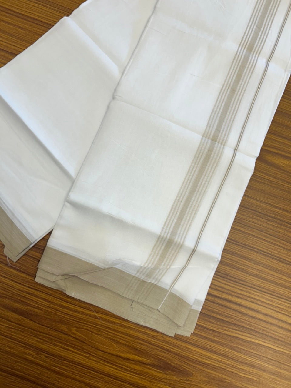 20% Discount ! Kaitharikada Balaramapuram 100% Cotton PURE WHITE Double Mundu/Dothi - 100x80 - 1.5 inch Beige Shaded Striped Kara 3.90 mtr (8 muzham) - 46 KK5294 THI