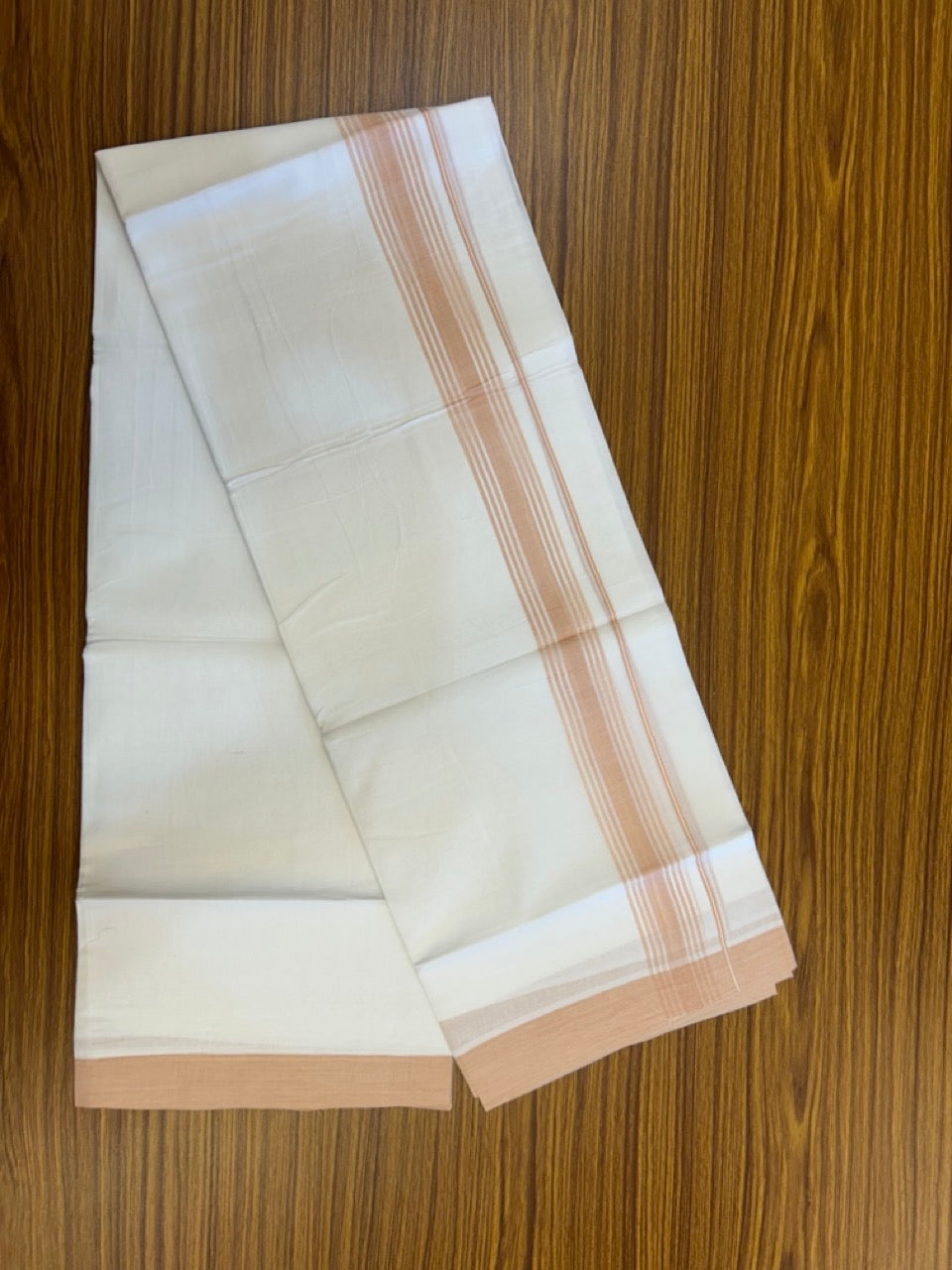 20% Discount ! Kaitharikada Balaramapuram 100% Cotton PURE WHITE Double Mundu/Dothi - 100x80 - 1.5 inch Light Peach Shaded Striped Kara 3.90 mtr (8 muzham) - 47 KK5294 THI