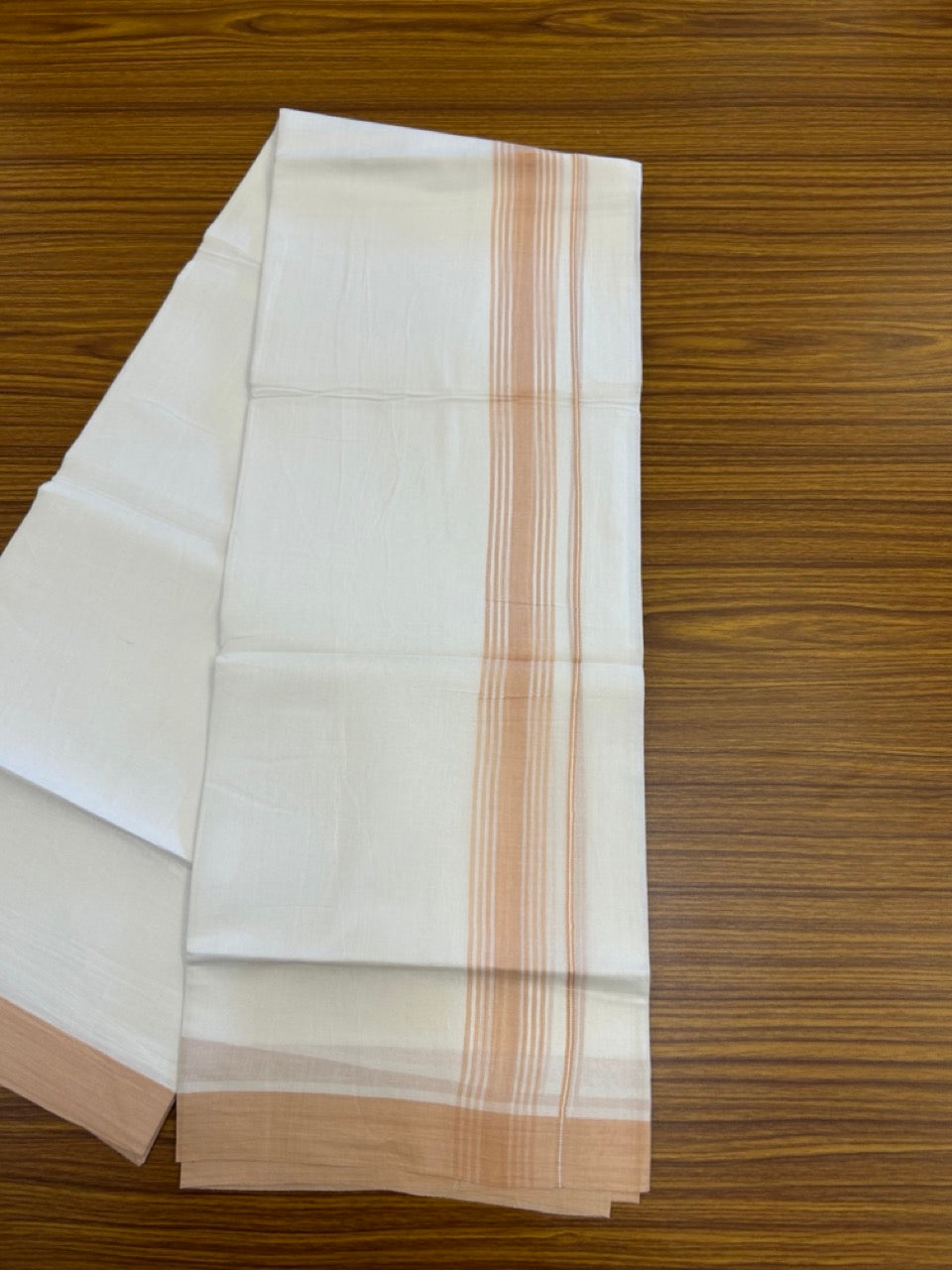 20% Discount ! Kaitharikada Balaramapuram 100% Cotton PURE WHITE Double Mundu/Dothi - 100x80 - 1.5 inch Light Peach Shaded Striped Kara 3.90 mtr (8 muzham) - 47 KK5294 THI