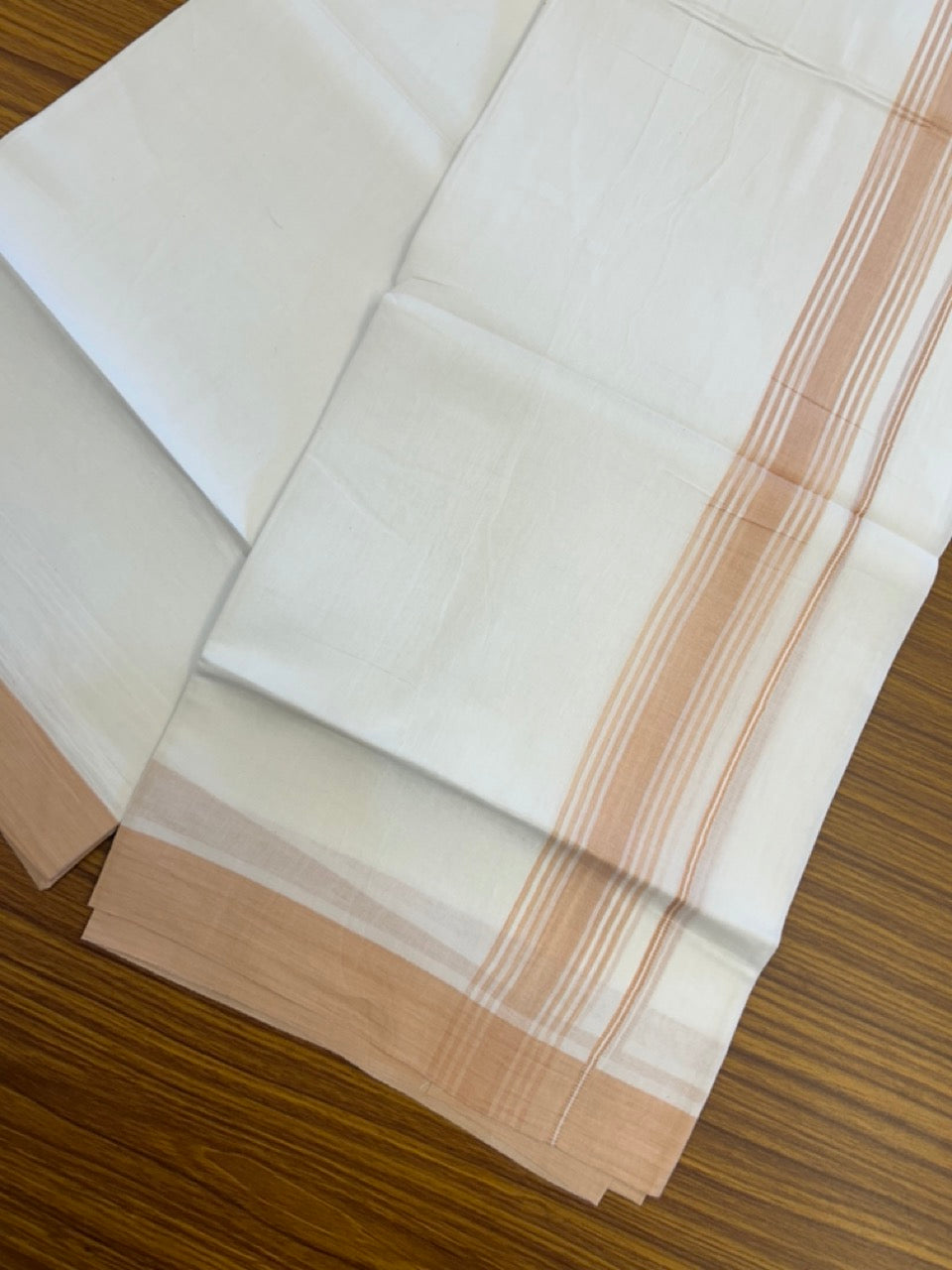 20% Discount ! Kaitharikada Balaramapuram 100% Cotton PURE WHITE Double Mundu/Dothi - 100x80 - 1.5 inch Light Peach Shaded Striped Kara 3.90 mtr (8 muzham) - 47 KK5294 THI