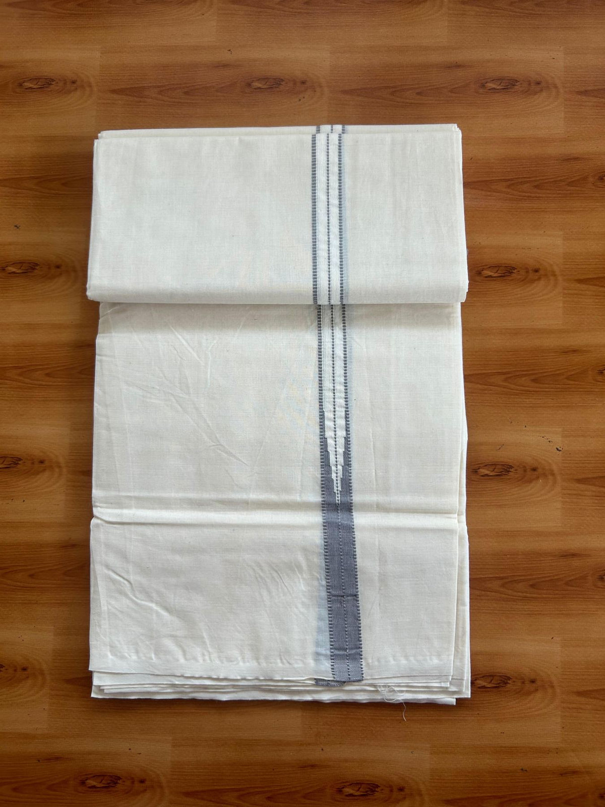 Double Off White (Unbleached) Mundu/Dhoti - 20% Discount!! KaithariKada Pulimood 100% Cotton 100X100 - 0.75 inch Puliyilakkara Ash Grey Chutty Kara - 4 mtr (8.5 muzham) - 10 KK5547 ASH