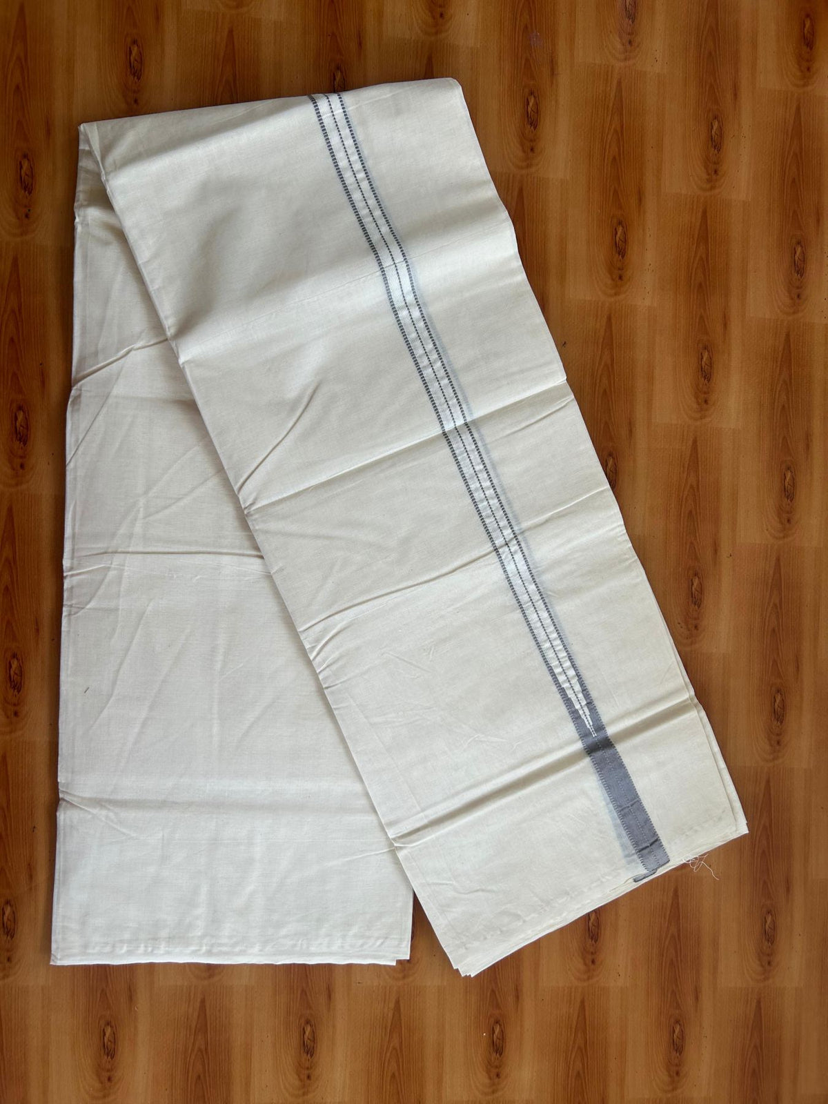 Double Off White (Unbleached) Mundu/Dhoti - 20% Discount!! KaithariKada Pulimood 100% Cotton 100X100 - 0.75 inch Puliyilakkara Ash Grey Chutty Kara - 4 mtr (8.5 muzham) - 10 KK5547 ASH