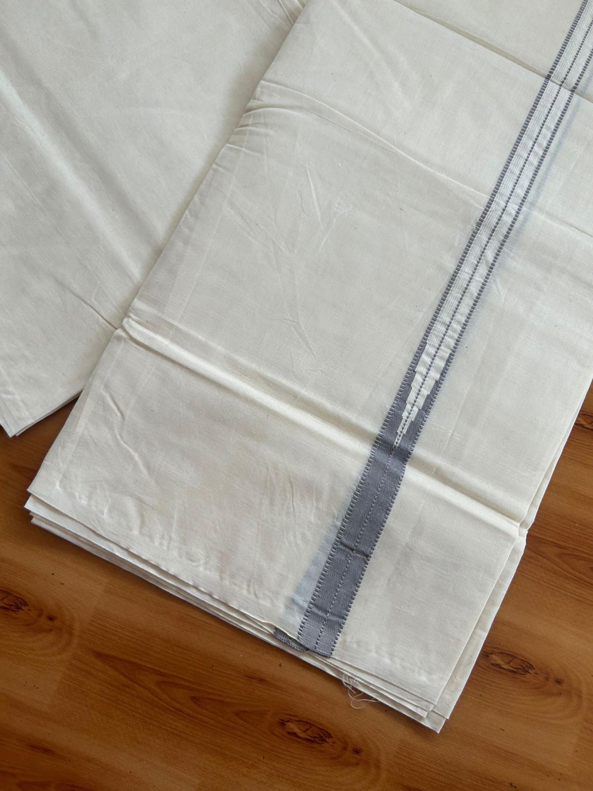 Double Off White (Unbleached) Mundu/Dhoti - 20% Discount!! KaithariKada Pulimood 100% Cotton 100X100 - 0.75 inch Puliyilakkara Ash Grey Chutty Kara - 4 mtr (8.5 muzham) - 10 KK5547 ASH