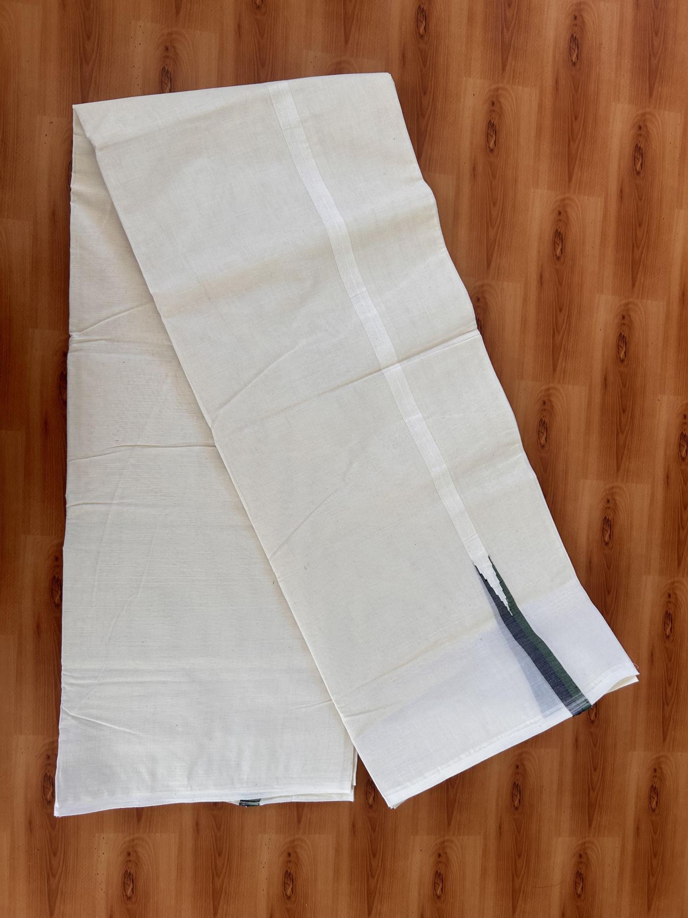 Double Off white Mundu/Dhoti - 20% Discount! KaithariKada Balaramapuram - 100% Cotton  100x100 - 0.75 inch Black & Dark Green shaded Chutty Kara - 4 mtr (8.5 muzham) - 13 KK5431 ASH