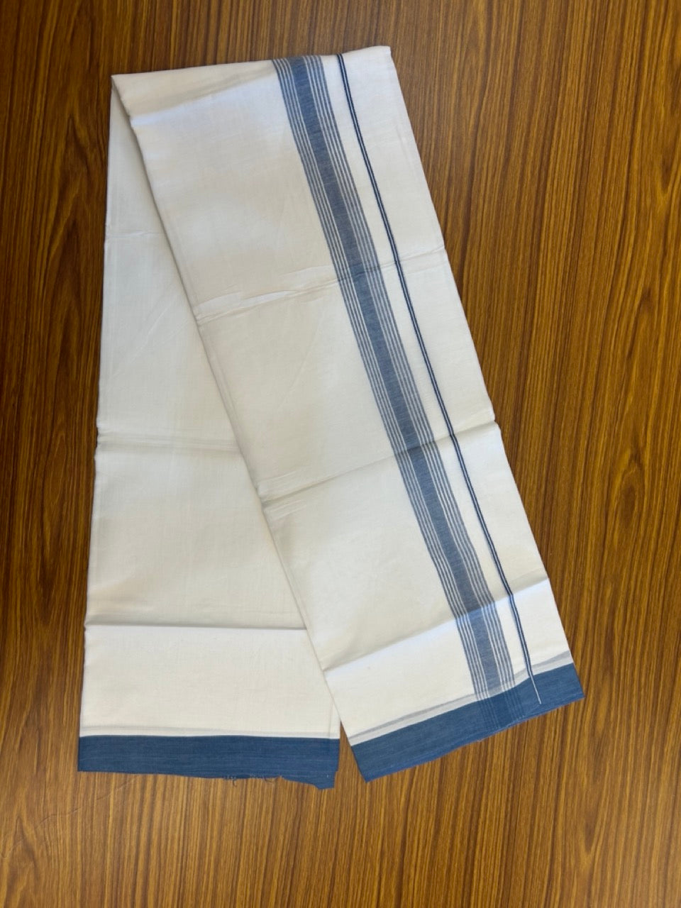 20% Discount ! Kaitharikada Balaramapuram 100% Cotton PURE WHITE Double Mundu/Dothi - 100x80 - 1.5 inch Blue Shaded Striped Kara 3.90 mtr (8 muzham) - 49 KK5294 THI