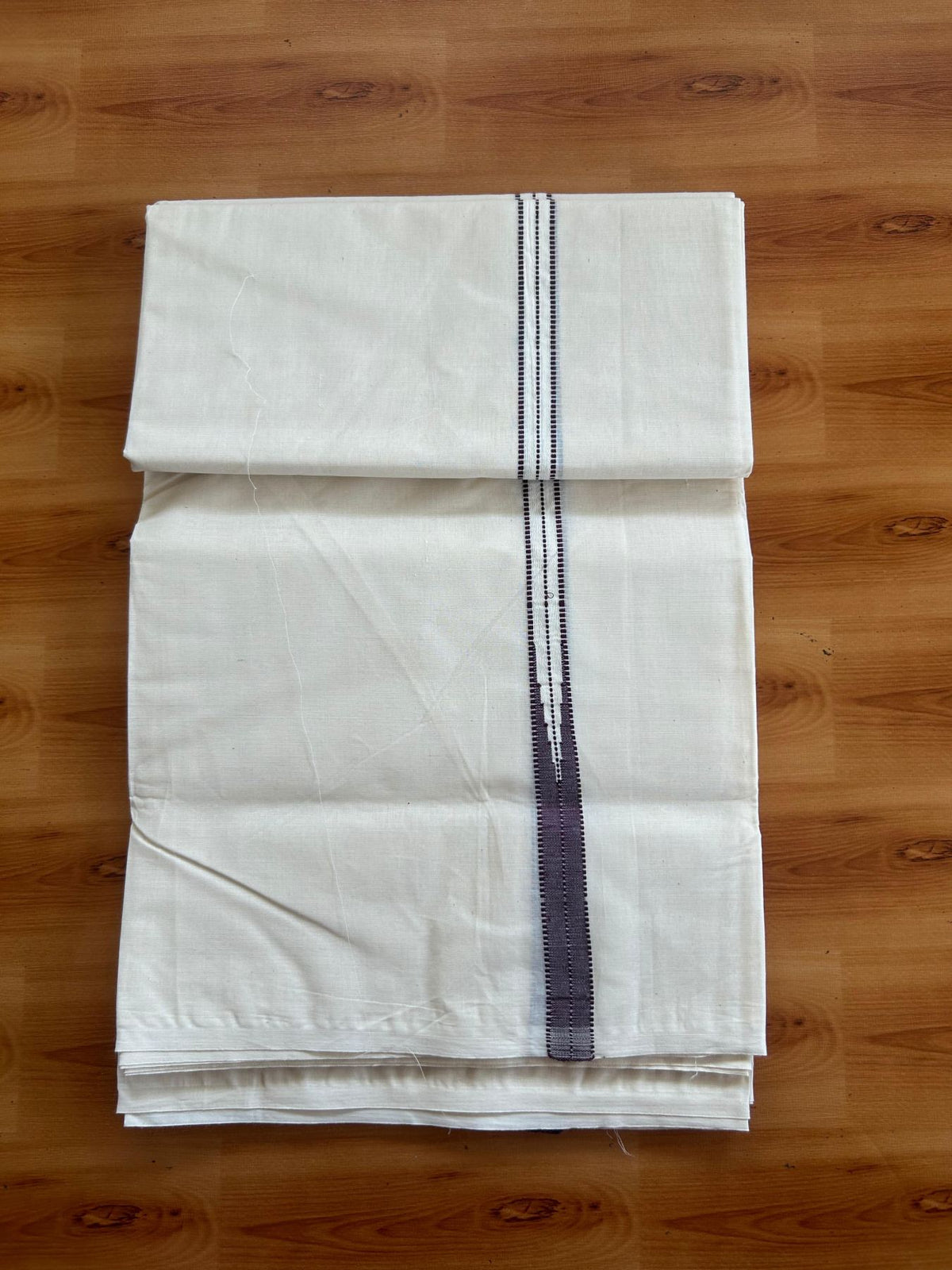 Double Off White (Unbleached) Mundu/Dhoti - 20% Discount!! KaithariKada Pulimood 100% Cotton 100X100 - 0.75 inch Puliyilakkara Wine Purple Chutty Kara - 4 mtr (8.5 muzham) - 11 KK5547 ASH