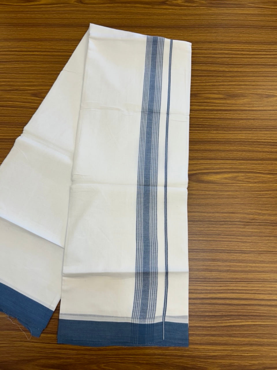 20% Discount ! Kaitharikada Balaramapuram 100% Cotton PURE WHITE Double Mundu/Dothi - 100x80 - 1.5 inch Blue Shaded Striped Kara 3.90 mtr (8 muzham) - 49 KK5294 THI