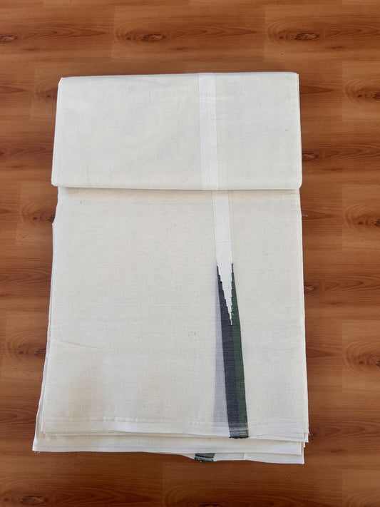 Double Off white Mundu/Dhoti - 20% Discount! KaithariKada Balaramapuram - 100% Cotton  100x100 - 0.75 inch Black & Dark Green shaded Chutty Kara - 4 mtr (8.5 muzham) - 13 KK5431 ASH