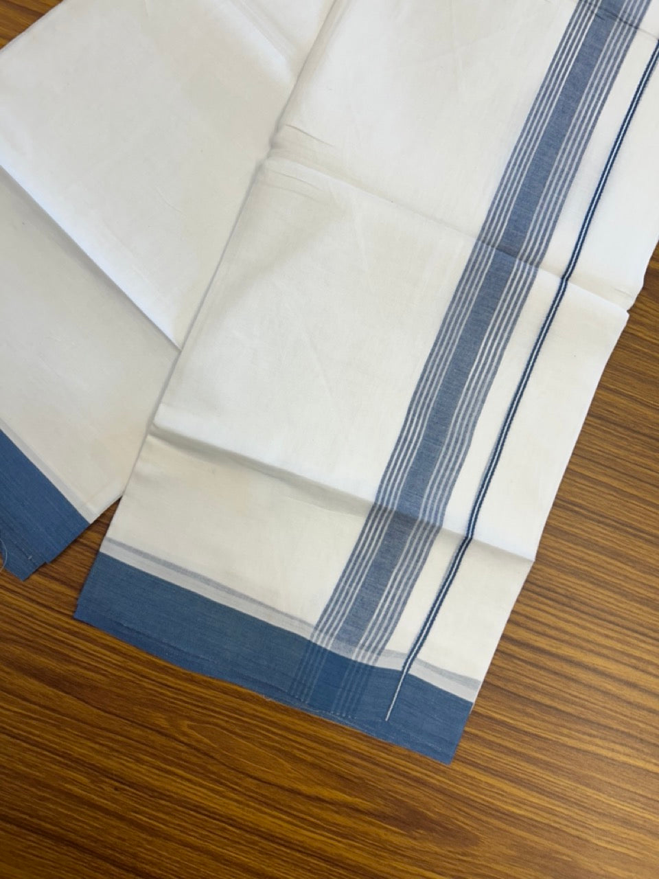 20% Discount ! Kaitharikada Balaramapuram 100% Cotton PURE WHITE Double Mundu/Dothi - 100x80 - 1.5 inch Blue Shaded Striped Kara 3.90 mtr (8 muzham) - 49 KK5294 THI