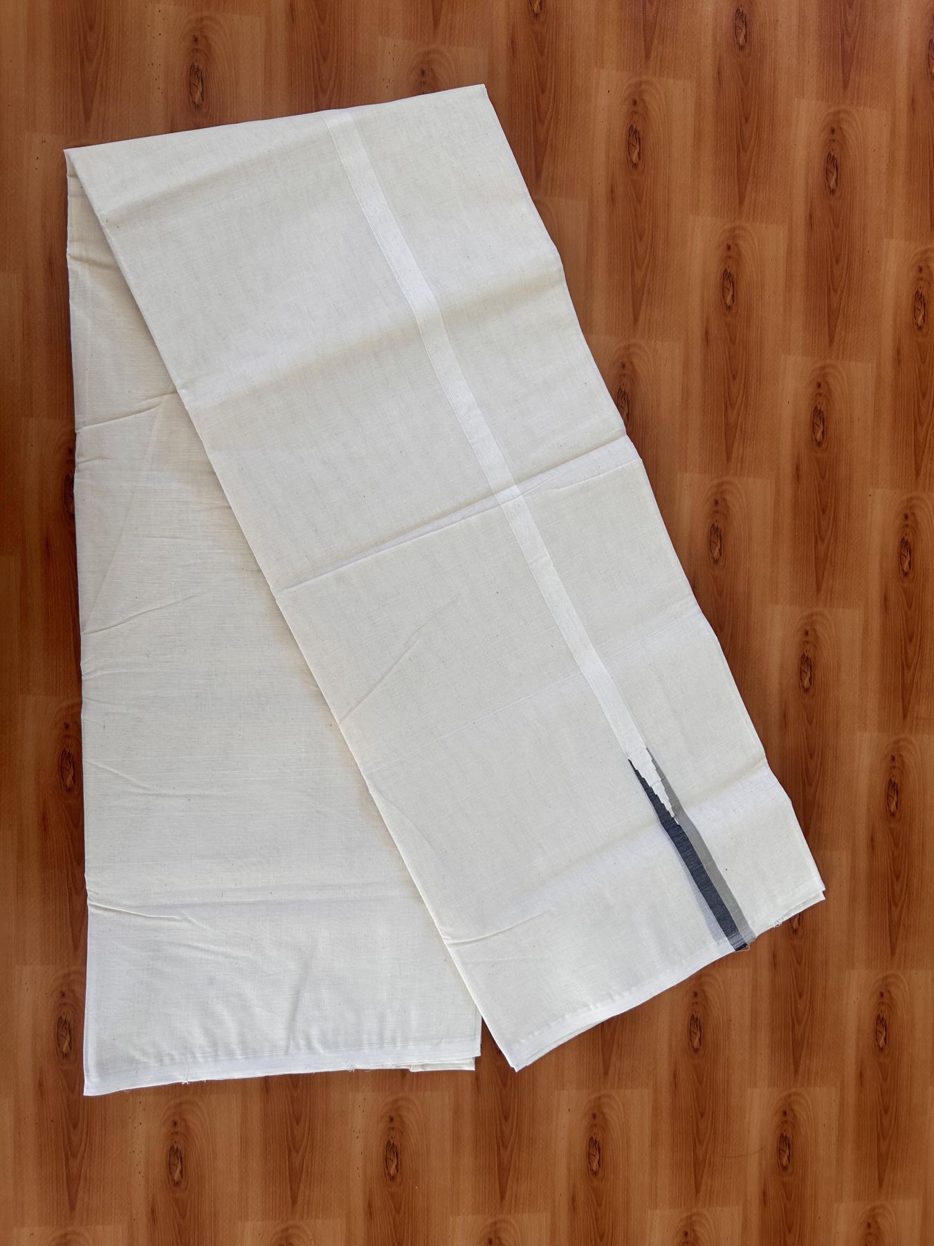 Double Off white Mundu/Dhoti - 20% Discount! KaithariKada Balaramapuram - 100% Cotton  100x100 - 0.75 inch Black & Light Sage Grey shaded Chutty Kara - 4 mtr (8.5 muzham) - 9 KK5431 ASH