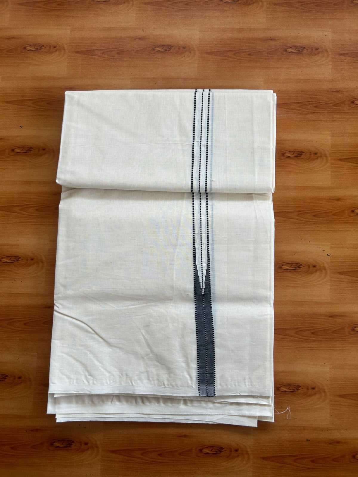 Double Off White (Unbleached) Mundu/Dhoti - 20% Discount!! KaithariKada Pulimood 100% Cotton 100X100 - 0.75 inch Puliyilakkara Black Chutty Kara - 4 mtr (8.5 muzham) - 12 KK5547 ASH