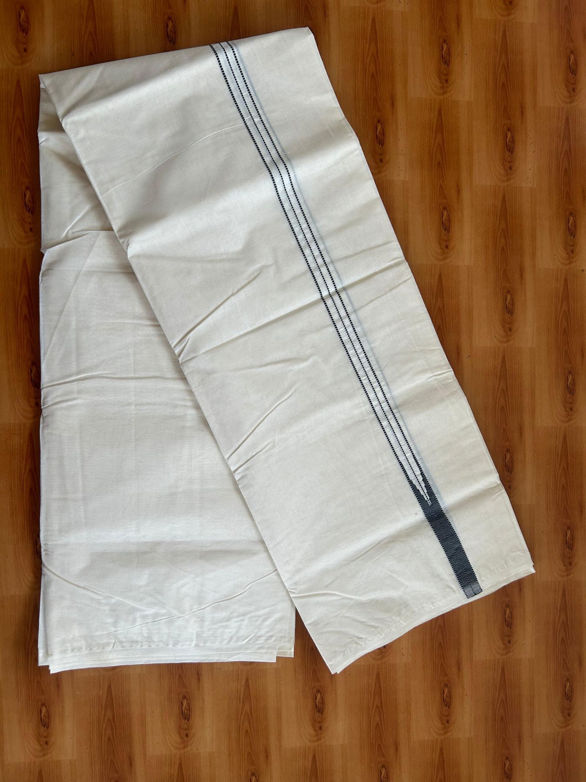 Double Off White (Unbleached) Mundu/Dhoti - 20% Discount!! KaithariKada Pulimood 100% Cotton 100X100 - 0.75 inch Puliyilakkara Black Chutty Kara - 4 mtr (8.5 muzham) - 12 KK5547 ASH