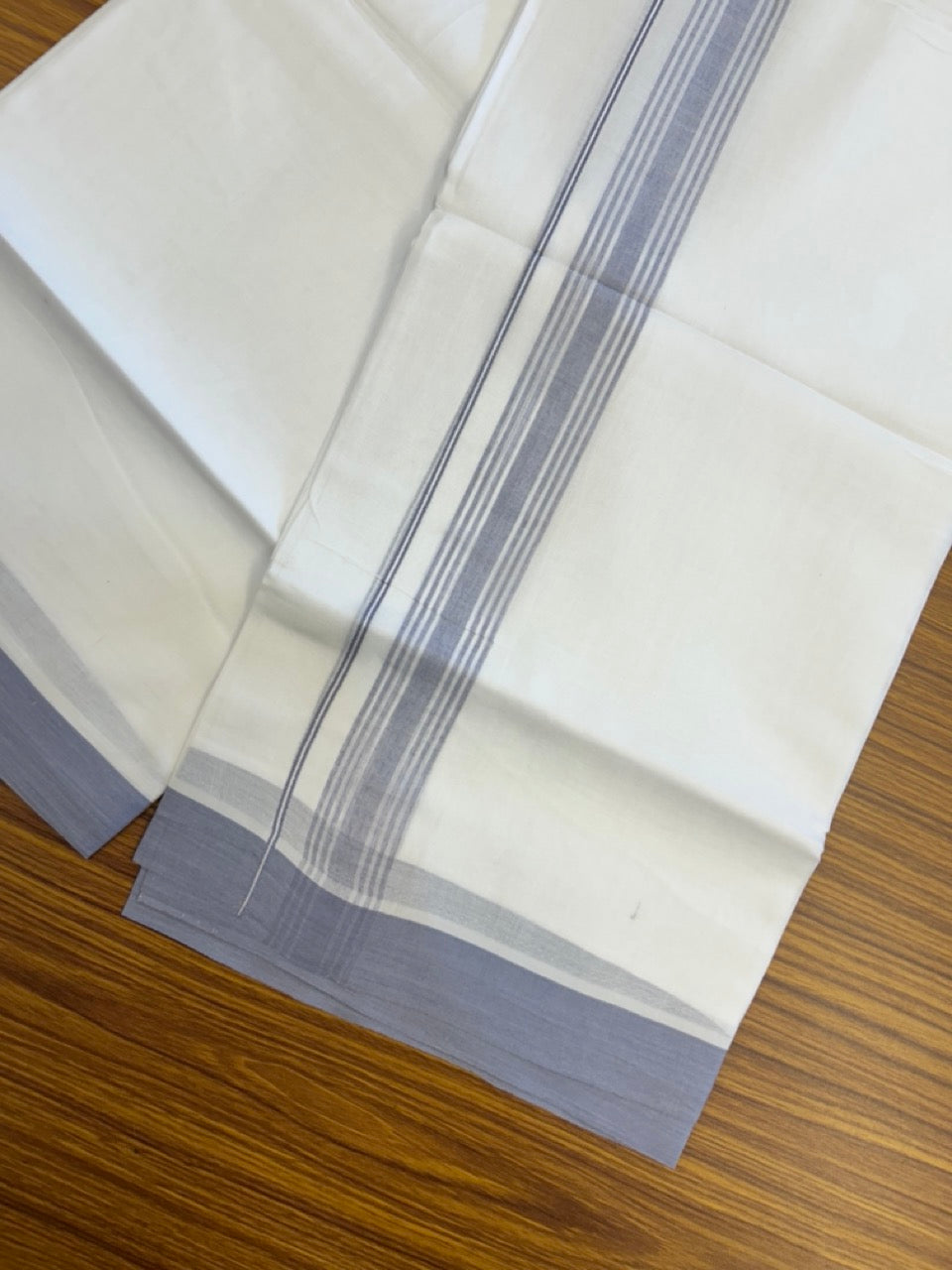 20% Discount ! Kaitharikada Balaramapuram 100% Cotton PURE WHITE Double Mundu/Dothi - 100x80 - 1.5 inch Lavender Shaded Striped Kara 3.90 mtr (8 muzham) - 50 KK5294 THI