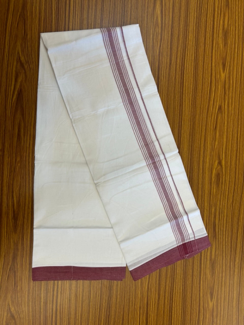 20% Discount ! Kaitharikada Balaramapuram 100% Cotton PURE WHITE Double Mundu/Dothi - 100x80 - 1.5 inch Maroon Shaded Striped Kara 3.90 mtr (8 muzham) - 51 KK5294 THI