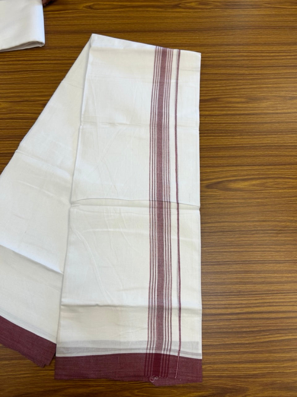 20% Discount ! Kaitharikada Balaramapuram 100% Cotton PURE WHITE Double Mundu/Dothi - 100x80 - 1.5 inch Maroon Shaded Striped Kara 3.90 mtr (8 muzham) - 51 KK5294 THI