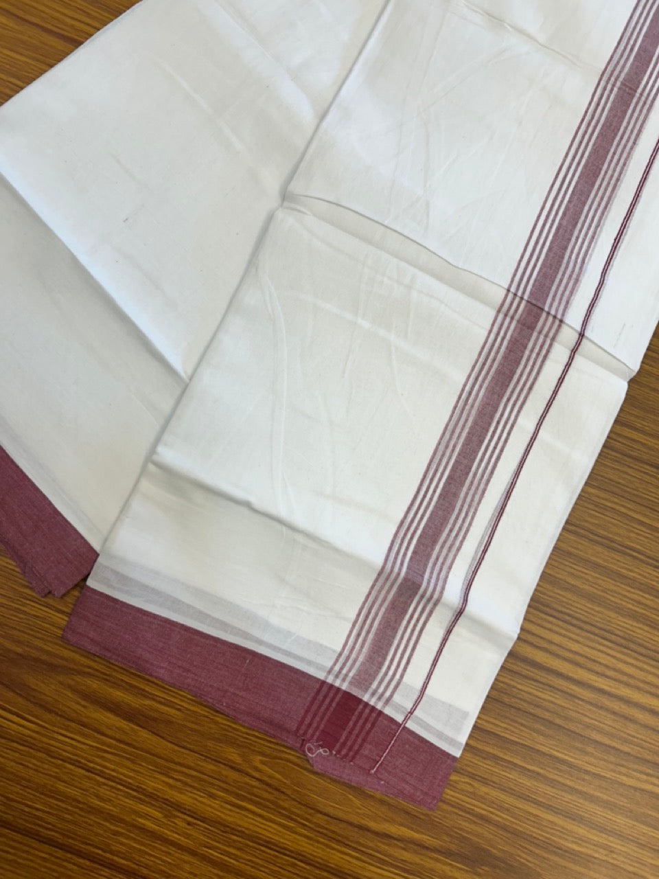 20% Discount ! Kaitharikada Balaramapuram 100% Cotton PURE WHITE Double Mundu/Dothi - 100x80 - 1.5 inch Maroon Shaded Striped Kara 3.90 mtr (8 muzham) - 51 KK5294 THI
