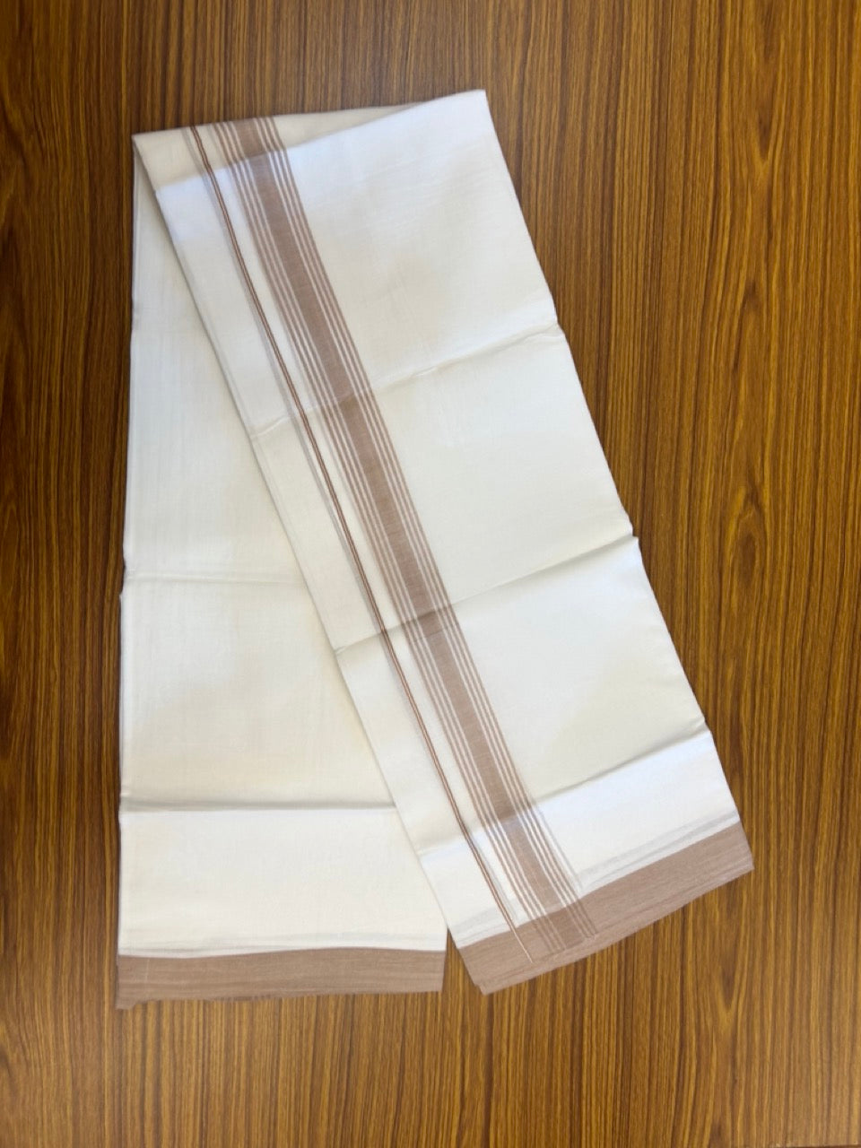 20% Discount ! Kaitharikada Balaramapuram 100% Cotton PURE WHITE Double Mundu/Dothi - 100x80 - 1.5 inchLight Brown Shaded Striped Kara 3.90 mtr (8 muzham) - 52 KK5294 THI