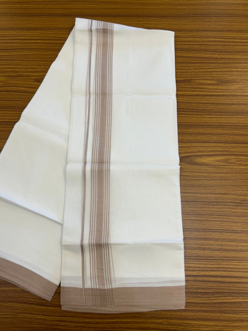 20% Discount ! Kaitharikada Balaramapuram 100% Cotton PURE WHITE Double Mundu/Dothi - 100x80 - 1.5 inchLight Brown Shaded Striped Kara 3.90 mtr (8 muzham) - 52 KK5294 THI
