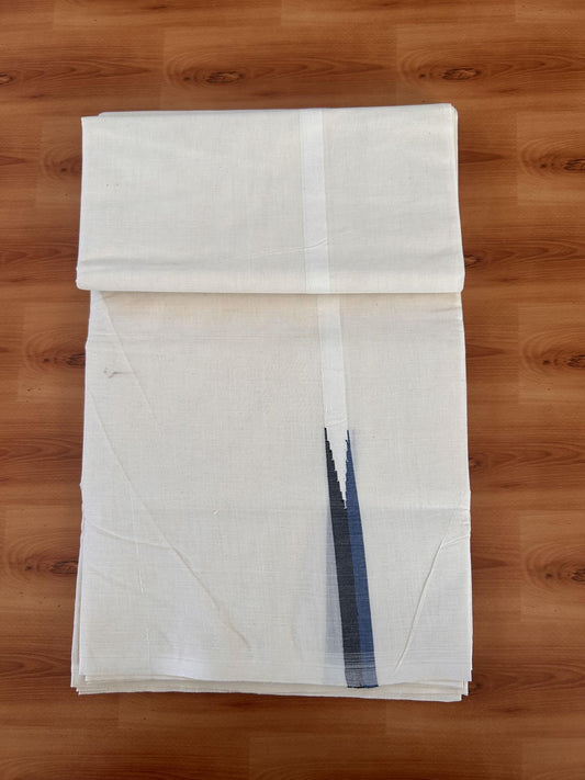 Double Off white Mundu/Dhoti - 20% Discount! KaithariKada Balaramapuram - 100% Cotton  100x100 - 0.75 inch Black & Peacock Blue shaded Chutty Kara - 4 mtr (8.5 muzham) - 10 KK5431 ASH