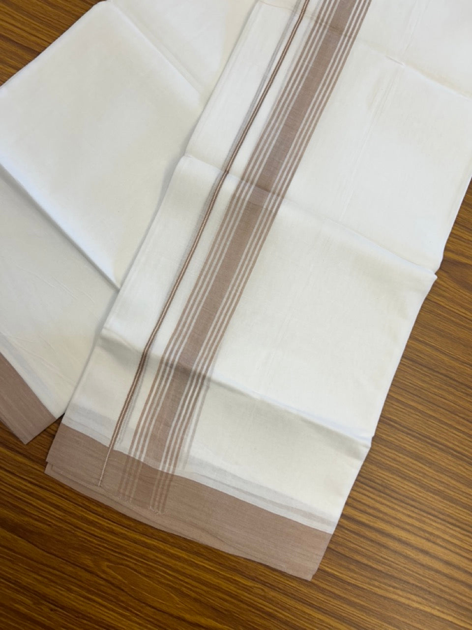 20% Discount ! Kaitharikada Balaramapuram 100% Cotton PURE WHITE Double Mundu/Dothi - 100x80 - 1.5 inchLight Brown Shaded Striped Kara 3.90 mtr (8 muzham) - 52 KK5294 THI
