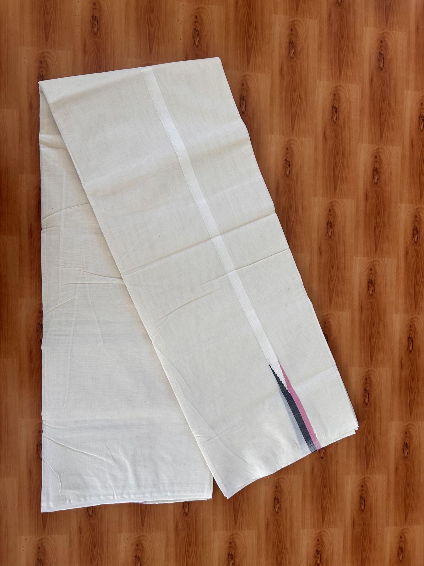 Double Off white Mundu/Dhoti - 20% Discount! KaithariKada Balaramapuram - 100% Cotton  100x100 - 0.75 inch Black & Pink shaded Chutty Kara - 4 mtr (8.5 muzham) - 14 KK5431 ASH