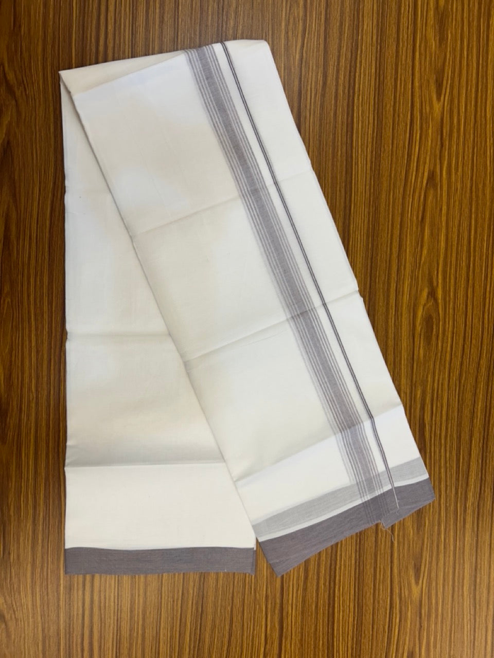 20% Discount ! Kaitharikada Balaramapuram 100% Cotton PURE WHITE Double Mundu/Dothi - 100x80 - 1.5 inch Purple Ash Shaded Striped Kara 3.90 mtr (8 muzham) - 53 KK5294 THI