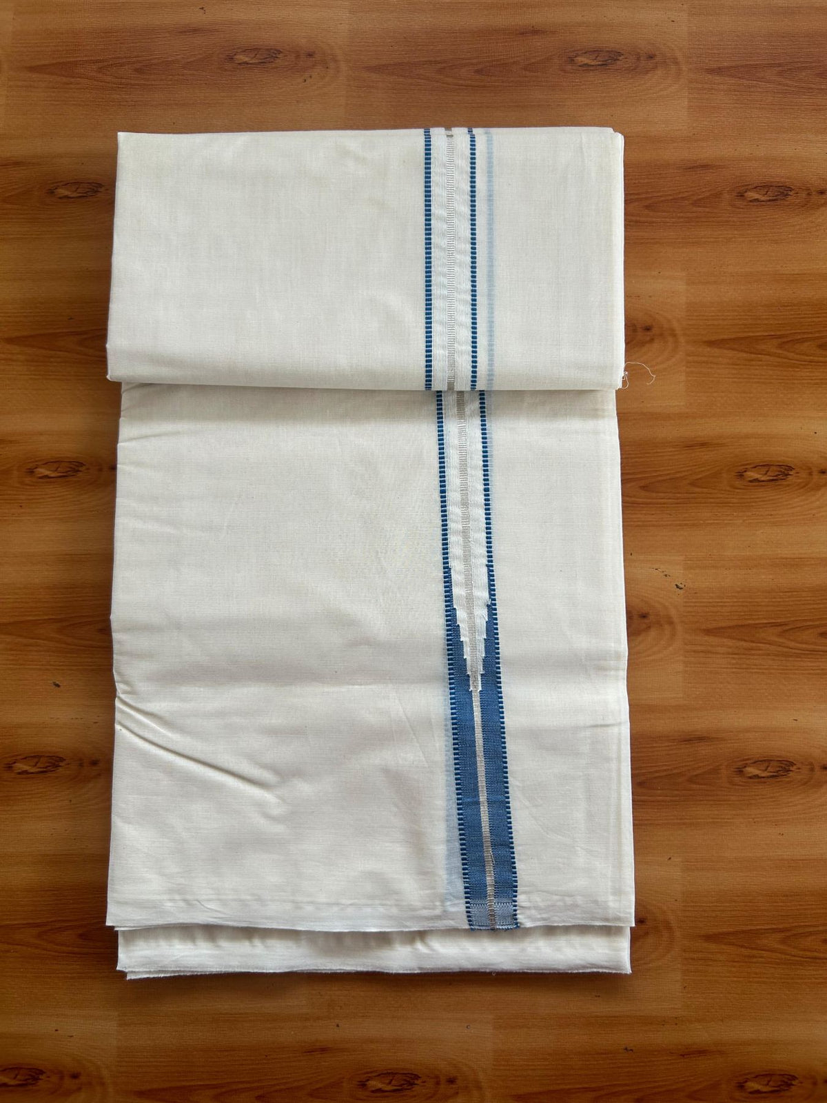 Double Off White (Unbleached) Mundu/Dhoti - 20% Discount!! KaithariKada Pulimood 100% Cotton 100X100 - 1 inch Puliyilakkara Silver Kasav & Blue Chutty Kara - 3.75 mtr (8 muzham) - 14 KK5547 ASH