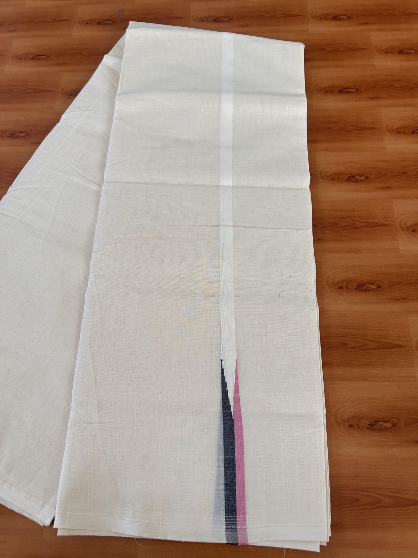 Double Off white Mundu/Dhoti - 20% Discount! KaithariKada Balaramapuram - 100% Cotton  100x100 - 0.75 inch Black & Pink shaded Chutty Kara - 4 mtr (8.5 muzham) - 14 KK5431 ASH