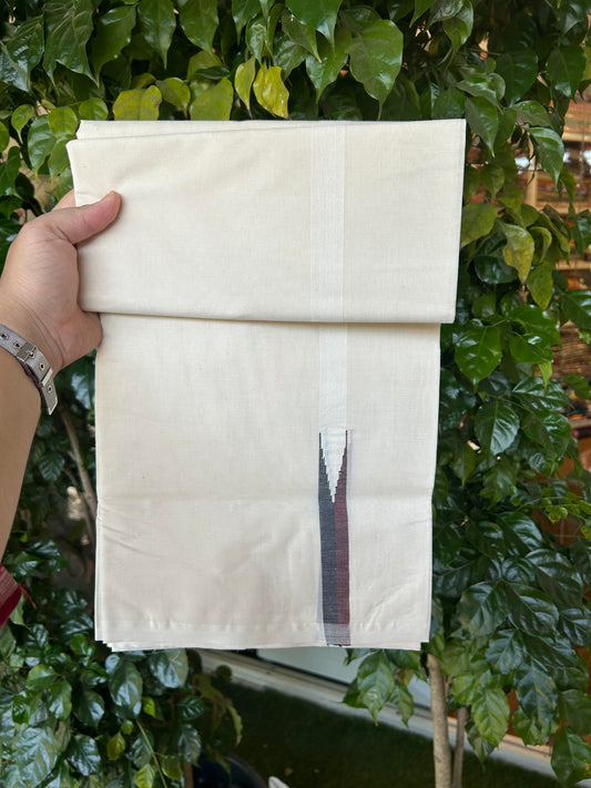 20% Discount!! KaithariKada Balaramapuram 100% Cotton Off White Double - (Unbleached) Mundu/Dhoti-100x100 - 0.75 Inch Puliyilakkara Black & Brown Chutty Kara - 4 mtr (8.5 muzham) - 17 KK5354 ASH
