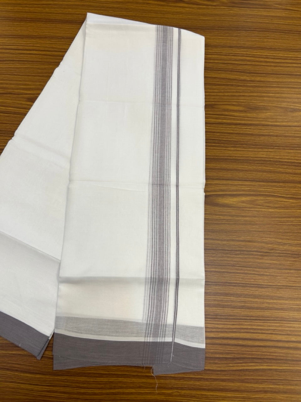 20% Discount ! Kaitharikada Balaramapuram 100% Cotton PURE WHITE Double Mundu/Dothi - 100x80 - 1.5 inch Purple Ash Shaded Striped Kara 3.90 mtr (8 muzham) - 53 KK5294 THI