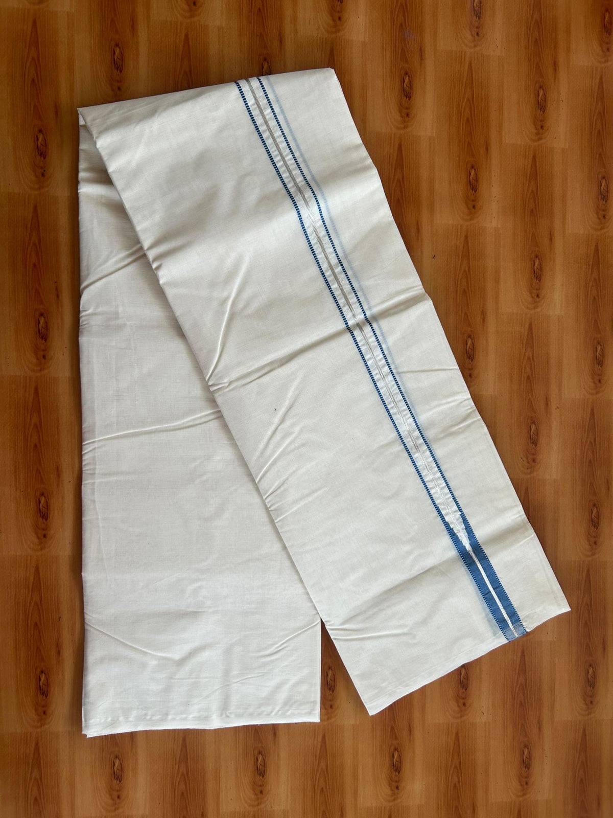Double Off White (Unbleached) Mundu/Dhoti - 20% Discount!! KaithariKada Pulimood 100% Cotton 100X100 - 1 inch Puliyilakkara Silver Kasav & Blue Chutty Kara - 3.75 mtr (8 muzham) - 14 KK5547 ASH