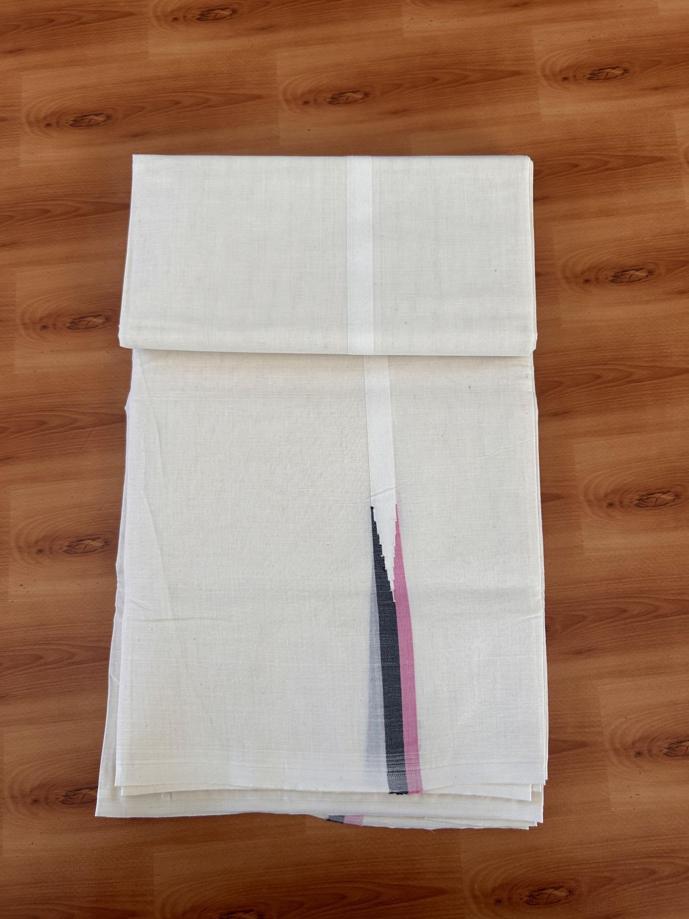 Double Off white Mundu/Dhoti - 20% Discount! KaithariKada Balaramapuram - 100% Cotton  100x100 - 0.75 inch Black & Pink shaded Chutty Kara - 4 mtr (8.5 muzham) - 14 KK5431 ASH
