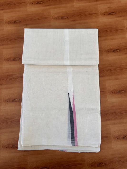 Double Off white Mundu/Dhoti - 20% Discount! KaithariKada Balaramapuram - 100% Cotton  100x100 - 0.75 inch Black & Pink shaded Chutty Kara - 4 mtr (8.5 muzham) - 14 KK5431 ASH
