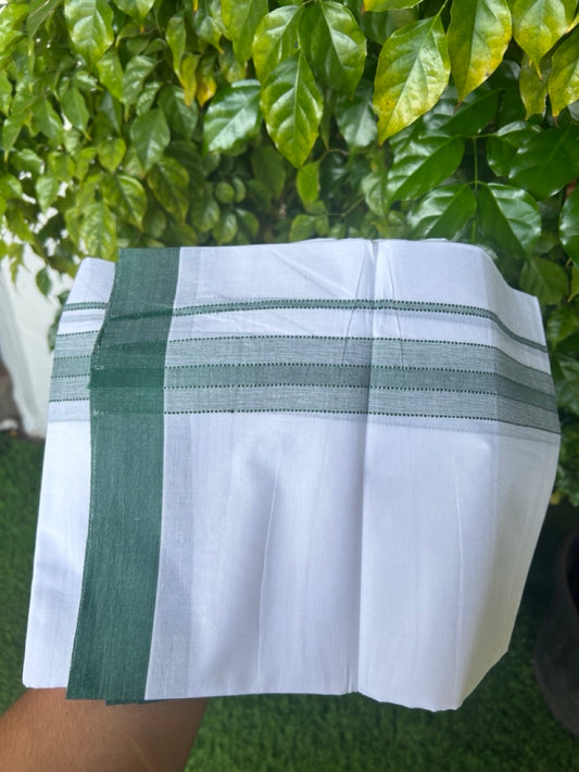 20% DISCOUNT! KaithariKada Balaramapuram 100% Cotton Double Pure white Mundu/Dhoti- 100x80 - 1.5 inch Green Shaded Striped Kara - 3.78mtr ( 8 muzham) - 21KK5227 PMC