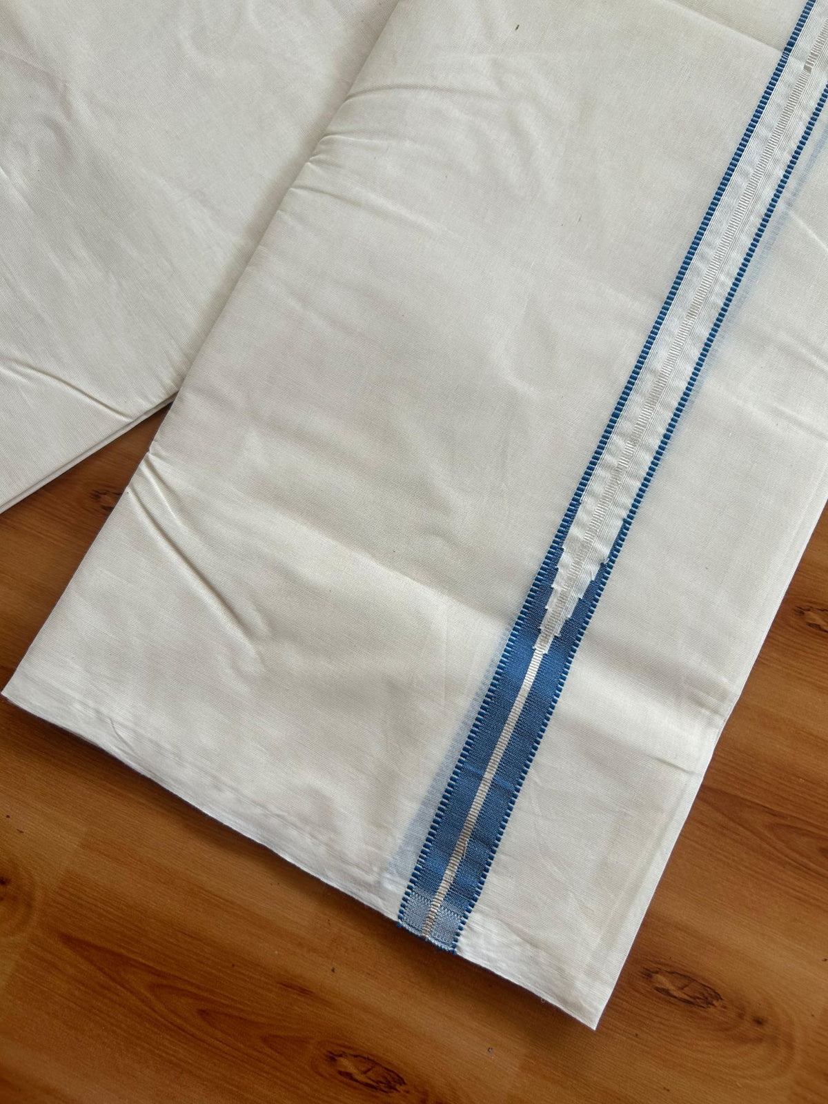 Double Off White (Unbleached) Mundu/Dhoti - 20% Discount!! KaithariKada Pulimood 100% Cotton 100X100 - 1 inch Puliyilakkara Silver Kasav & Blue Chutty Kara - 3.75 mtr (8 muzham) - 14 KK5547 ASH