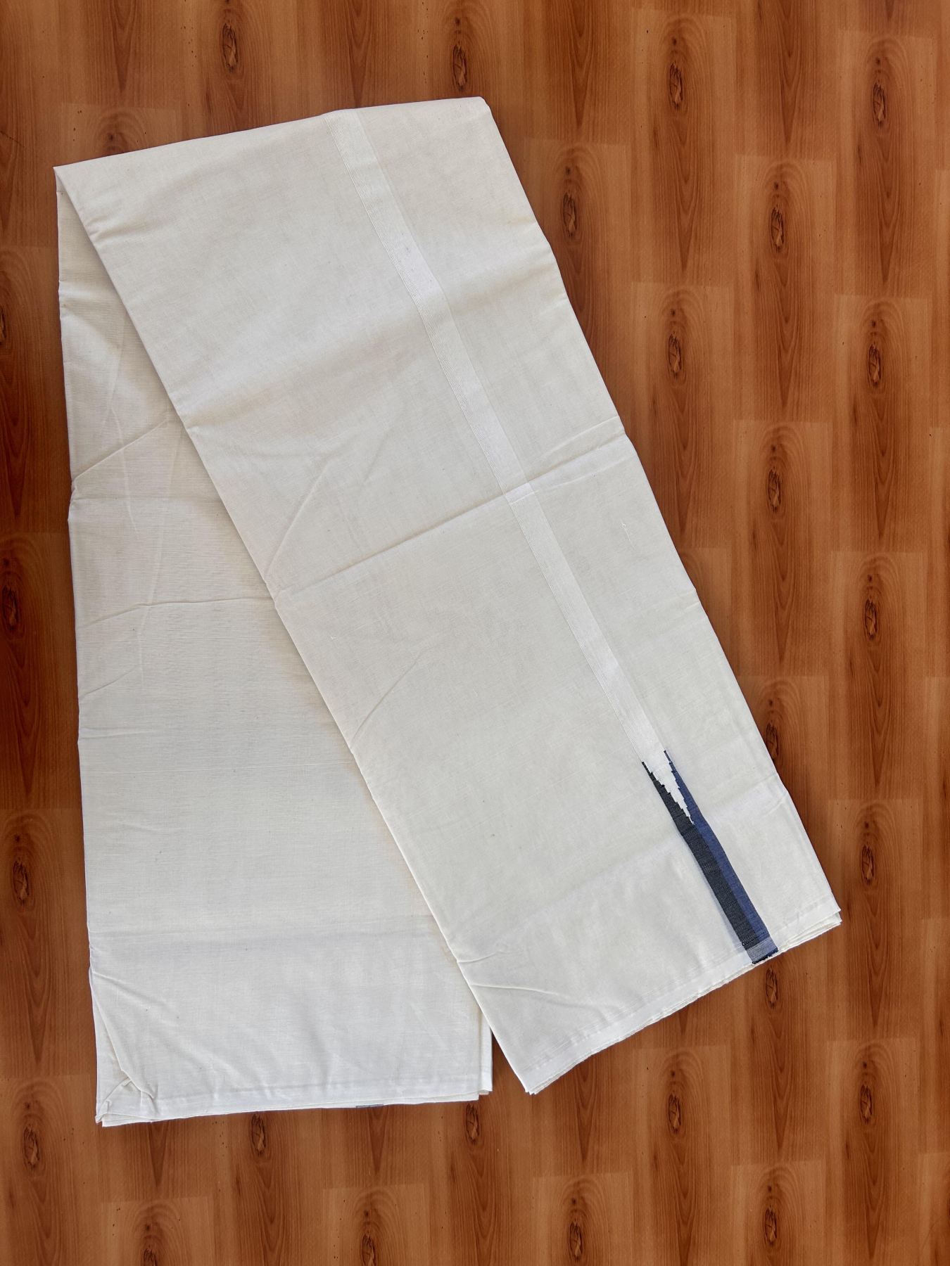 Double Off white Mundu/Dhoti - 20% Discount! KaithariKada Balaramapuram - 100% Cotton  100x100 - 0.75 inch Black & Dark Blue shaded Chutty Kara - 4 mtr (8.5 muzham) - 11 KK5431 ASH
